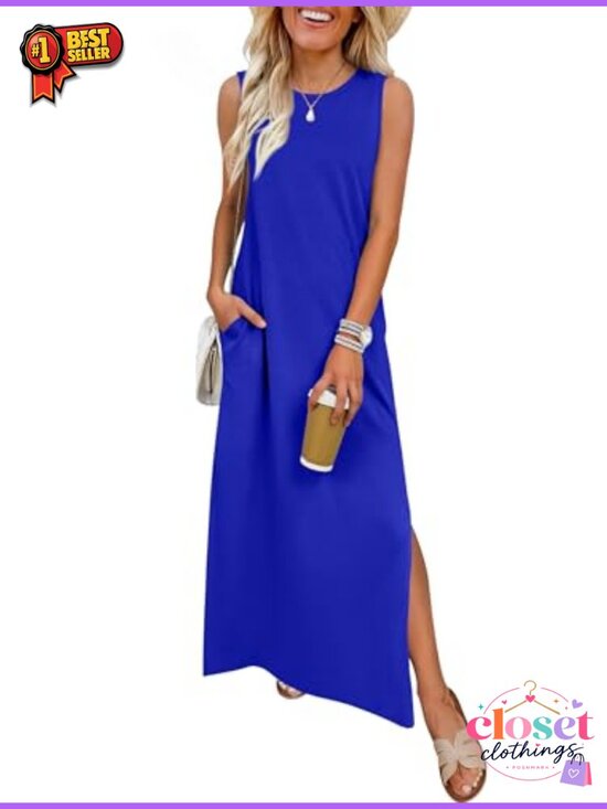 Dresses & Skirts - Wrinkle Free Sleeveless Maxi Dress with Pockets for Summer Casual